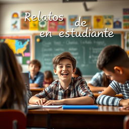 A realistic and lively classroom scene featuring a focus on a 16-year-old boy who is animatedly participating in class