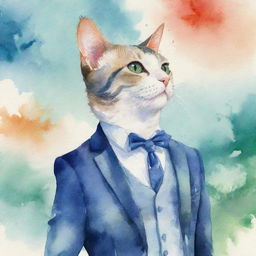 A cartoonish side view of a humanoid cat donned in a dapper suit. It's set against a swirling watercolor background that creates a playful and whimsical atmosphere.