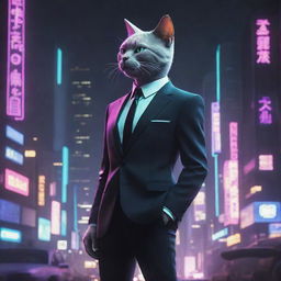 A dynamic cartoon of a humanoid cat in a stylish suit, viewed from the side. It stands against a captivating cyberpunk cityscape teeming with neon lights, futuristic buildings, and dark undertones.