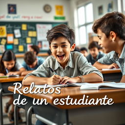 A realistic and lively classroom scene featuring a focus on a 16-year-old boy animatedly writing at his desk