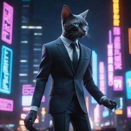 A dynamic cartoon of a humanoid cat in a stylish suit, viewed from the side. It stands against a captivating cyberpunk cityscape teeming with neon lights, futuristic buildings, and dark undertones.