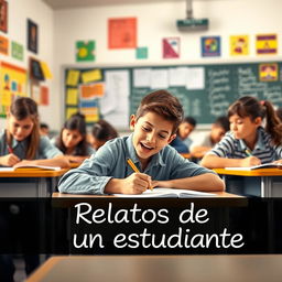A realistic and lively classroom scene featuring a focus on a 16-year-old boy animatedly writing at his desk