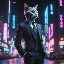 A dynamic cartoon of a humanoid cat in a stylish suit, viewed from the side. It stands against a captivating cyberpunk cityscape teeming with neon lights, futuristic buildings, and dark undertones.