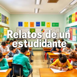 A creative depiction of the title 'Relatos de un estudiante', set against a vibrant classroom background