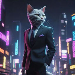 A dynamic cartoon of a humanoid cat in a stylish suit, viewed from the side. It stands against a captivating cyberpunk cityscape teeming with neon lights, futuristic buildings, and dark undertones.