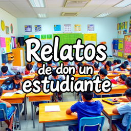 A creative depiction of the title 'Relatos de un estudiante', set against a vibrant classroom background
