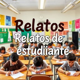 A creative depiction of the title 'Relatos de un estudiante', set against a vibrant classroom background