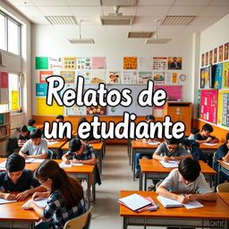 A creative depiction of the title 'Relatos de un estudiante', set against a vibrant classroom background