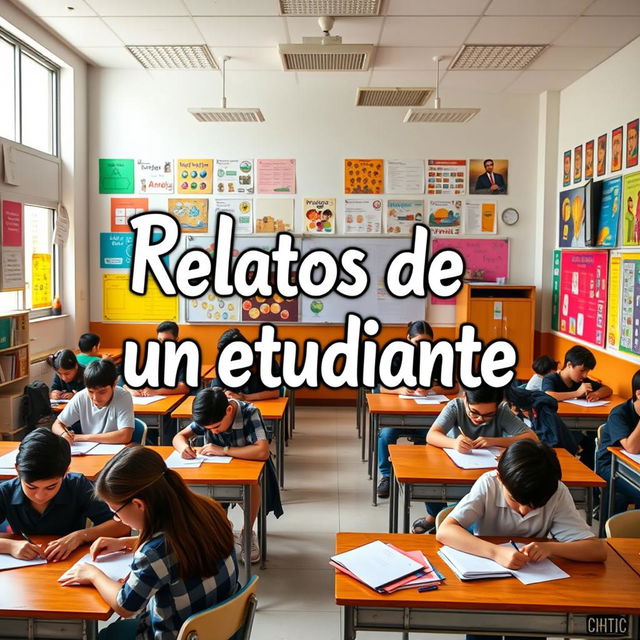 A creative depiction of the title 'Relatos de un estudiante', set against a vibrant classroom background