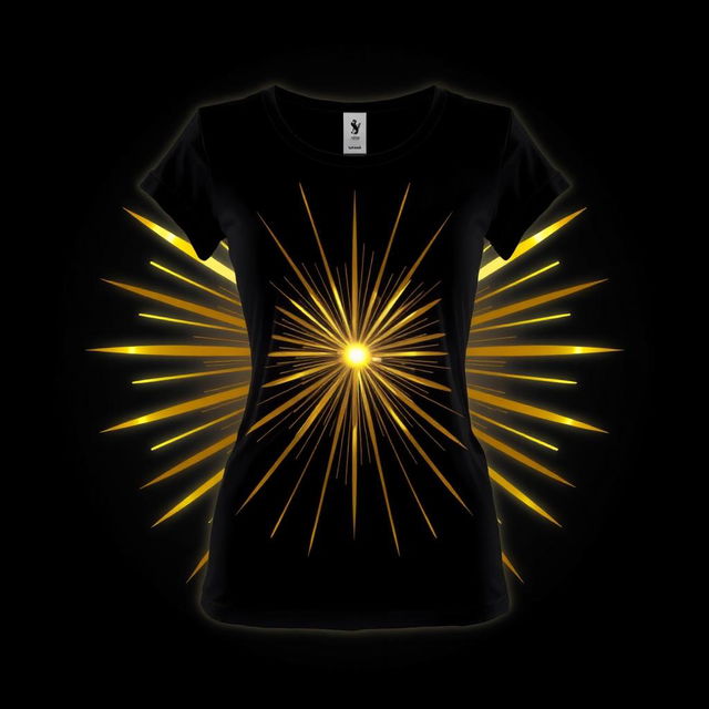 A feminine black t-shirt adorned with striking golden rays radiating from the center, creating an eye-catching design