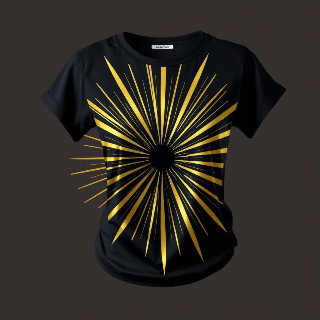 A feminine black t-shirt adorned with striking golden rays radiating from the center, creating an eye-catching design