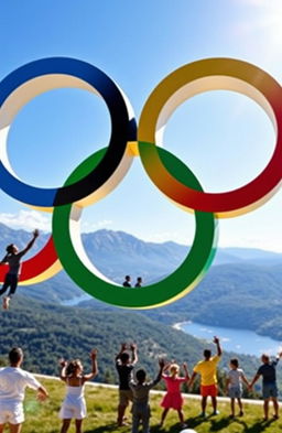 Olympic rings depicted in vibrant colors of blue, yellow, black, green, and red, creatively intertwined with a backdrop of a scenic landscape