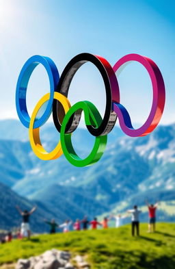 Olympic rings depicted in vibrant colors of blue, yellow, black, green, and red, creatively intertwined with a backdrop of a scenic landscape