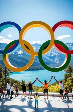 Olympic rings depicted in vibrant colors of blue, yellow, black, green, and red, creatively intertwined with a backdrop of a scenic landscape
