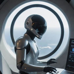 A spherical starship with horn-like protrusions circling it. Through a single window, a humanoid figure in a fitted, futuristic suit is seen with an electronic instrument panel in the background.