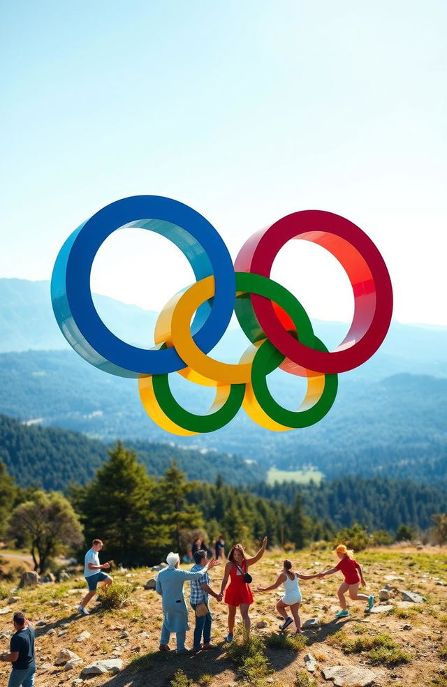 Olympic rings depicted in vibrant colors of blue, yellow, black, green, and red, creatively intertwined with a backdrop of a scenic landscape