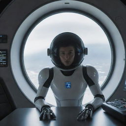 A spherical starship with horn-like protrusions circling it. Through a single window, a humanoid figure in a fitted, futuristic suit is seen with an electronic instrument panel in the background.