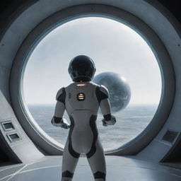 A spherical starship with horn-like protrusions circling it. Through a single window, a humanoid figure in a fitted, futuristic suit is seen with an electronic instrument panel in the background.