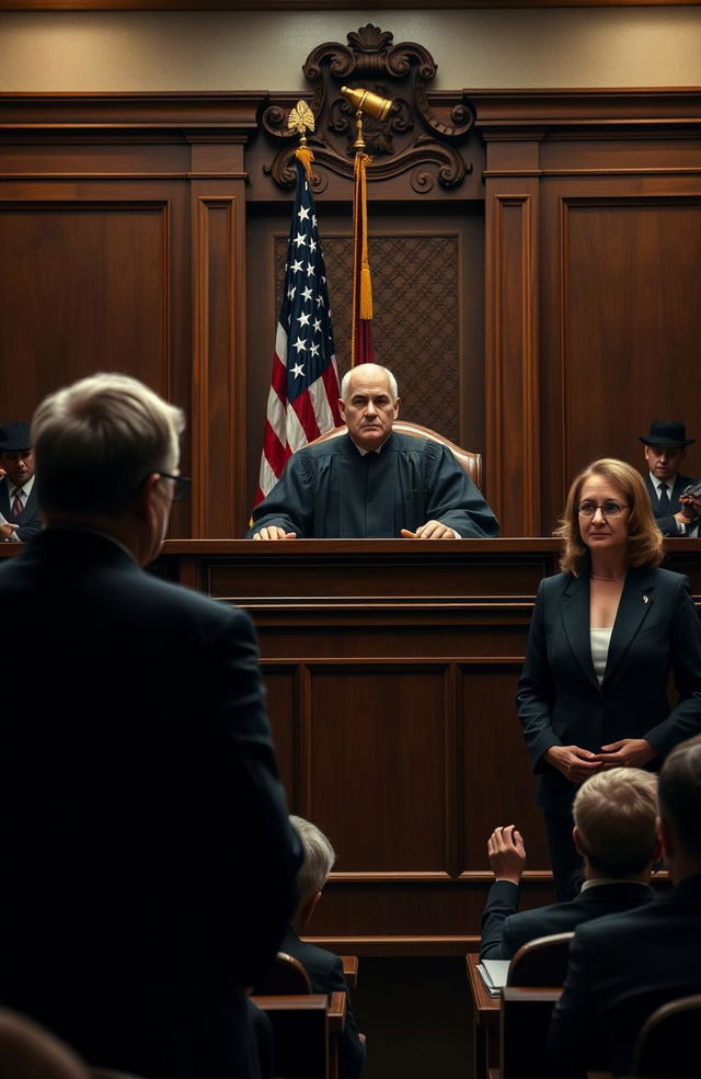 A dramatic courtroom scene titled 'Under the Judge’s Gavel'