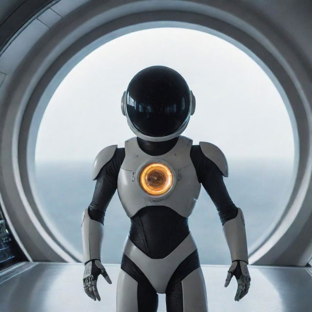 A spherical starship with horn-like protrusions circling it. Through a single window, a humanoid figure in a fitted, futuristic suit is seen with an electronic instrument panel in the background.