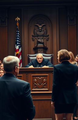 A dramatic courtroom scene titled 'Under the Judge’s Gavel'