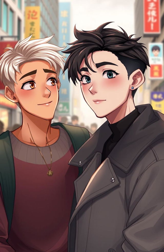 A digital artwork featuring two young men engaged in a friendly gaze