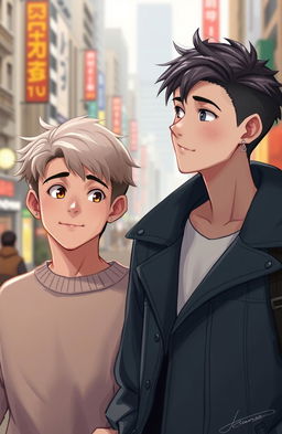 A digital artwork featuring two young men engaged in a friendly gaze