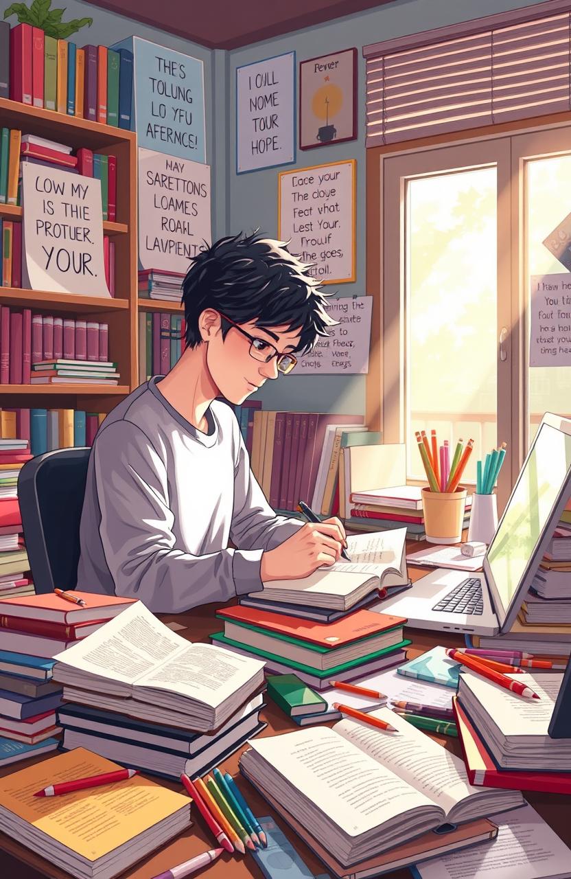 An illustration of a student immersed in a world of books and creativity, sitting at a cluttered desk surrounded by open textbooks, colorful stationery, and a laptop