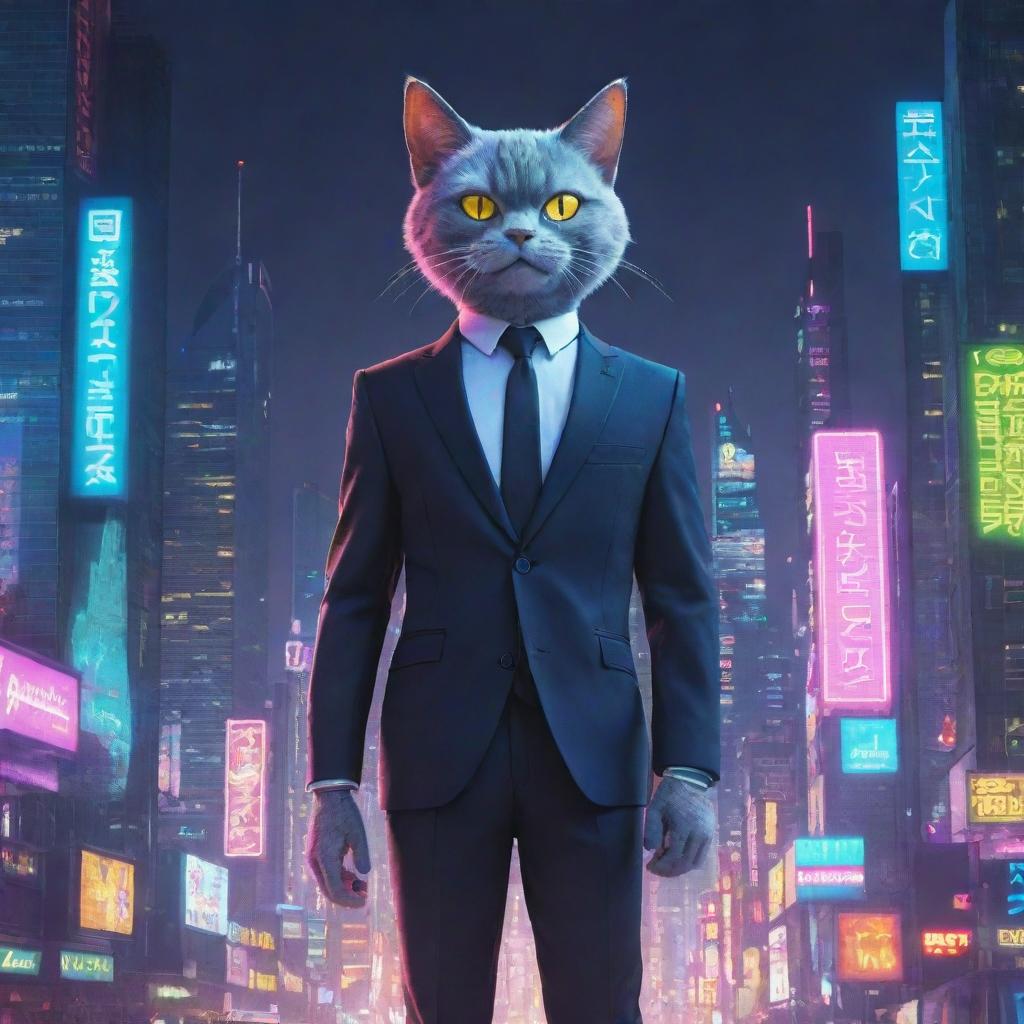 A cartoon of a humanoid cat donned in a smart suit, set against a vibrant and bustling cyberpunk cityscape brimming with neon lights, towering skyscrapers, and an atmosphere of futuristic chaos.