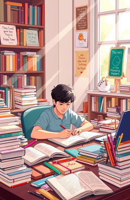 An illustration of a student immersed in a world of books and creativity, sitting at a cluttered desk surrounded by open textbooks, colorful stationery, and a laptop