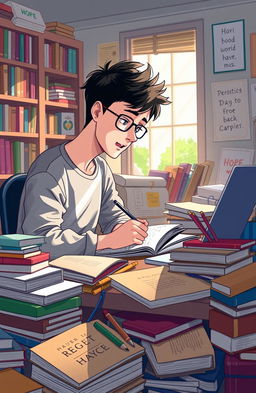An illustration of a student immersed in a world of books and creativity, sitting at a cluttered desk surrounded by open textbooks, colorful stationery, and a laptop