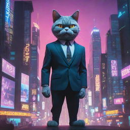 A cartoon of a humanoid cat donned in a smart suit, set against a vibrant and bustling cyberpunk cityscape brimming with neon lights, towering skyscrapers, and an atmosphere of futuristic chaos.