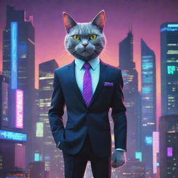 A cartoon of a humanoid cat donned in a smart suit, set against a vibrant and bustling cyberpunk cityscape brimming with neon lights, towering skyscrapers, and an atmosphere of futuristic chaos.