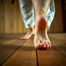 A close-up perspective from the soles of a female martial artist's feet, showcasing her bare feet on different surfaces