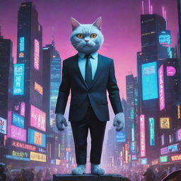 A cartoon of a humanoid cat donned in a smart suit, set against a vibrant and bustling cyberpunk cityscape brimming with neon lights, towering skyscrapers, and an atmosphere of futuristic chaos.