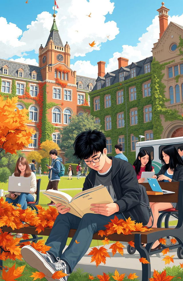 An illustration depicting a university student in a lively campus environment