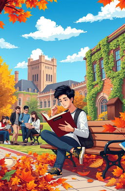 An illustration depicting a university student in a lively campus environment