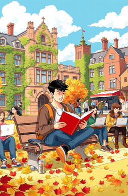 An illustration depicting a university student in a lively campus environment