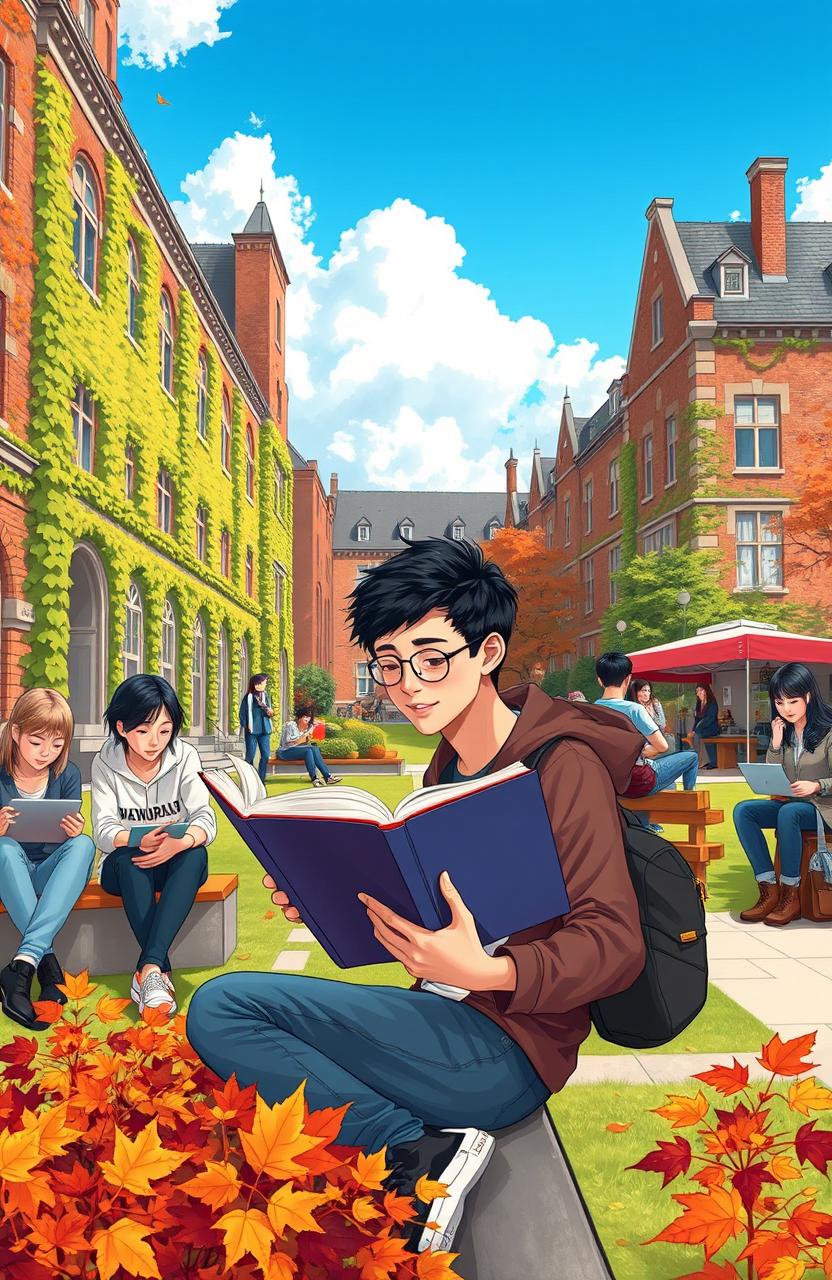 An illustration depicting a university student in a lively campus environment