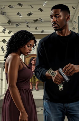 A tense scene depicting a black couple in an argument, both looking away from each other