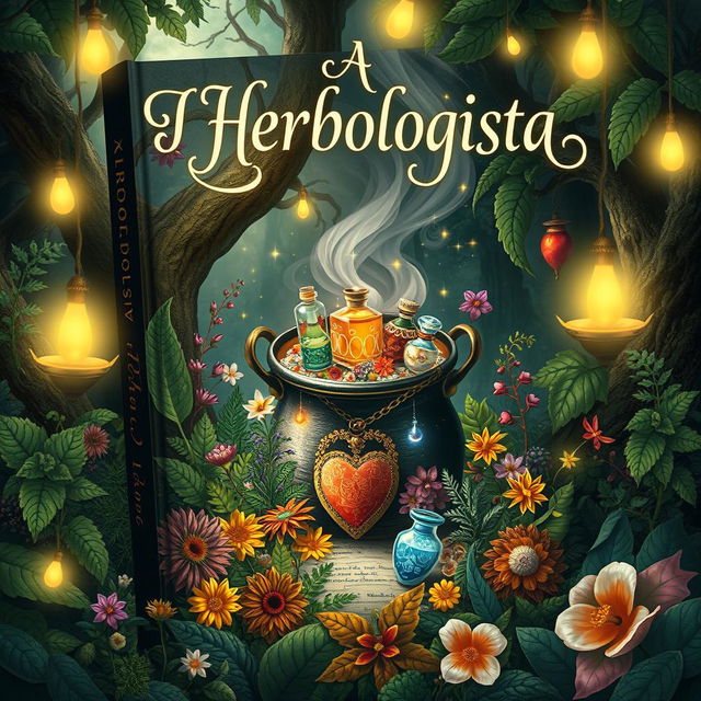 An enchanting book cover design for a fantasy novel titled 'A Herbologista'