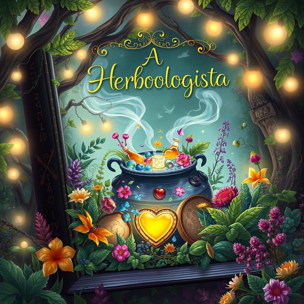 An enchanting book cover design for a fantasy novel titled 'A Herbologista'