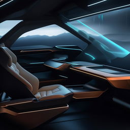 The seats inside the driver's cabin of a 4-door, state-of-the-art futuristic SUV, exuding comfort and modern luxury.