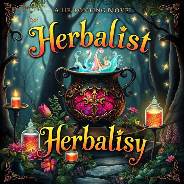 An enchanting book cover design for a herbalism fantasy novel, rich with elements of magic, love, secrets, potions, and elixirs