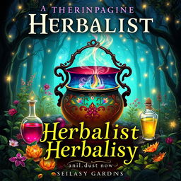 An enchanting book cover design for a herbalism fantasy novel, rich with elements of magic, love, secrets, potions, and elixirs