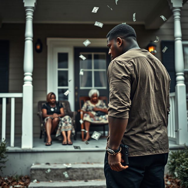 A dramatic scene featuring a black couple standing apart, both looking away from each other