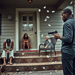 A dramatic scene featuring a black couple standing apart, both looking away from each other