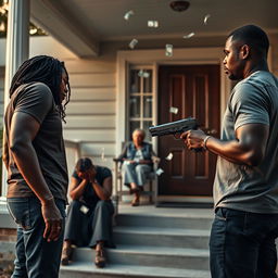 A dramatic scene featuring a black couple standing apart, both looking away from each other