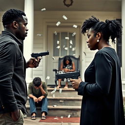 A dramatic scene featuring a black couple standing apart, both looking away from each other