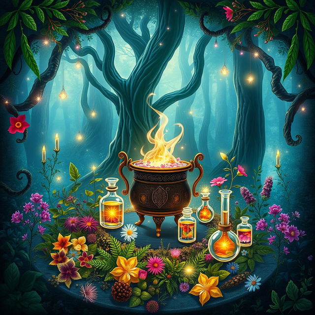 An enchanting book cover design for a herbalism fantasy novel featuring elements of magic, love, secrets, potions, and elixirs